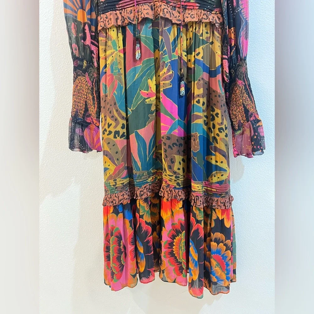 FARM RIO MIXED LEOPARDS JUNGLE LACE UP ROMANTIC MIDI DRESS - Picture 4 of 8